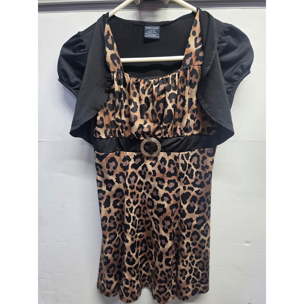 Faded Glory Leopard Print Tunic Top with Black Shrug Overlay Rhinestone Buckle L